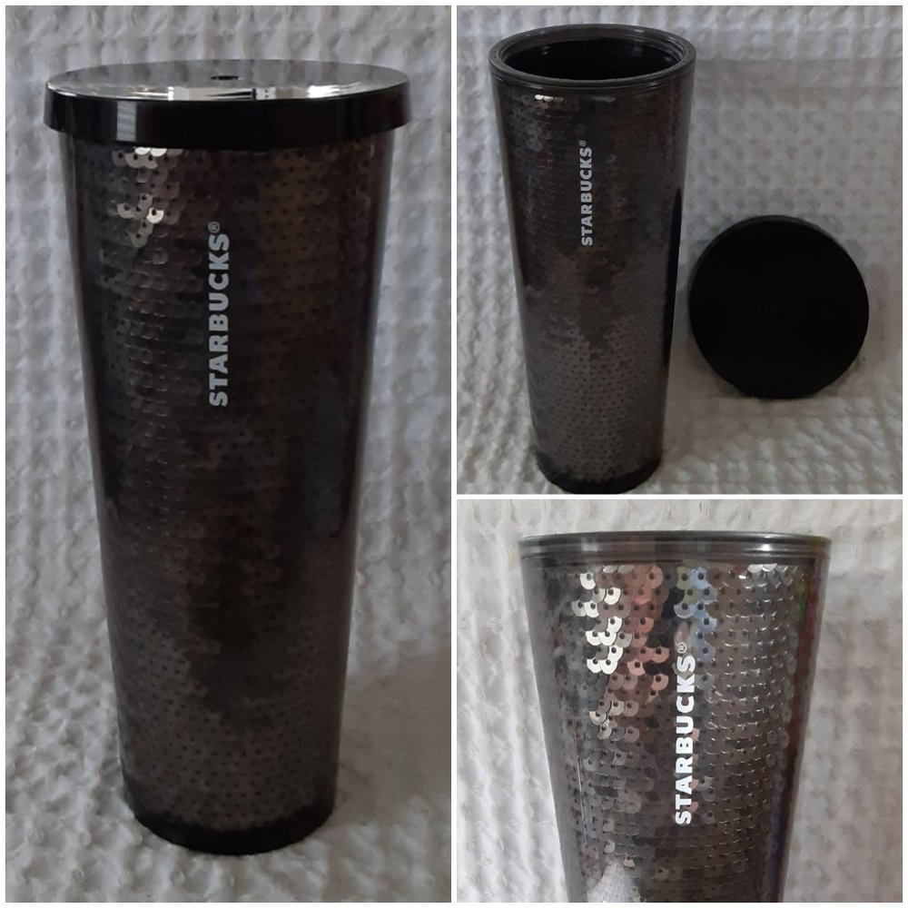 Starbucks Tumbler SEQUIN BLACK 24 Ounce with Black Lid NO STRAW Cold Drinks Only